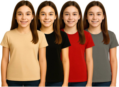Belive in Yourself Girls Solid Elastane Regular T Shirt(Multicolor, Pack of 4)