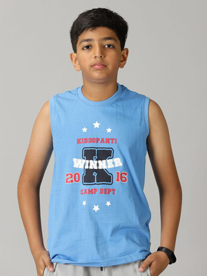 Kiddo Paanti Boys Typography, Printed Pure Cotton Regular T Shirt(Blue, Pack of 1)