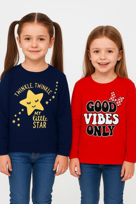 KIDDIFY Baby Girls Printed Cotton Blend Regular T Shirt(Blue, Red, Pack of 2)