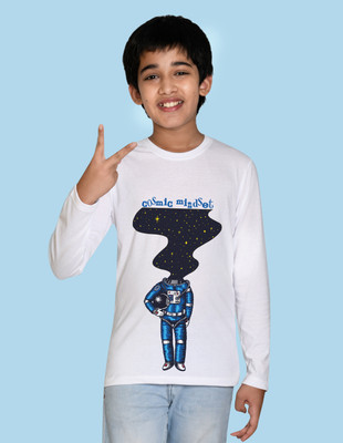 Nusyl Boys Printed Cotton Blend Regular T Shirt(White, Pack of 1)