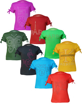 Just Live Fashionn Girls Printed Pure Cotton Regular T Shirt(Multicolor, Pack of 8)