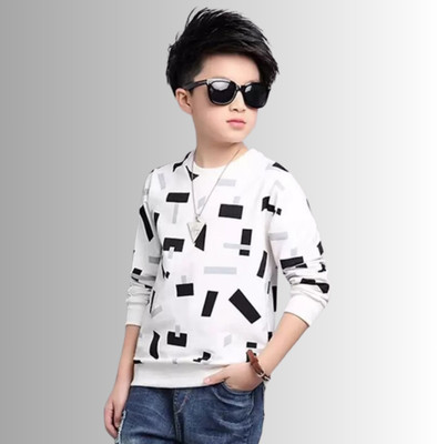 Ticoss Boys Printed Cotton Blend Regular T Shirt(White, Pack of 1)