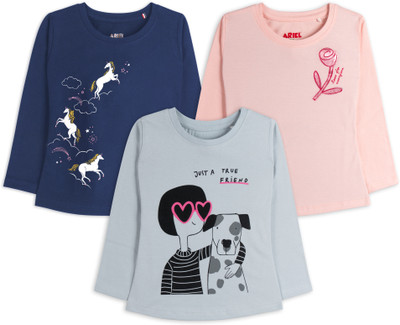 Ariel Girls Printed Pure Cotton Regular T Shirt(Multicolor, Pack of 3)