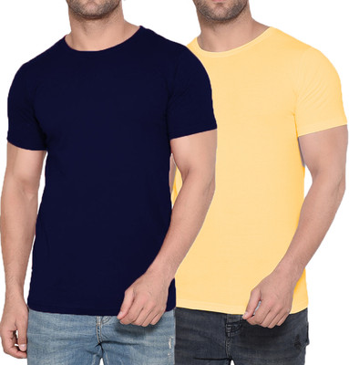 Kroptee Boys Solid Cotton Blend Regular T Shirt(Yellow, Dark Blue, Pack of 2)