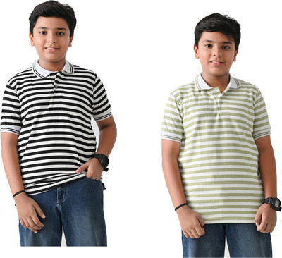 IndiWeaves Boys Striped Pure Cotton Regular T Shirt(Dark Blue, Grey, Pack of 2)