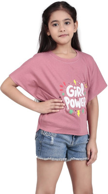 MAQUI Girls Typography Cotton Blend Oversized T Shirt(Pink, Pack of 1)