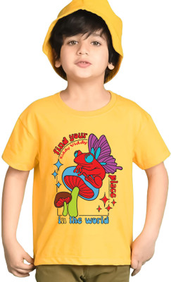 AOOSH Boys Printed, Graphic Print Cotton Blend Regular T Shirt(Yellow, Pack of 1)