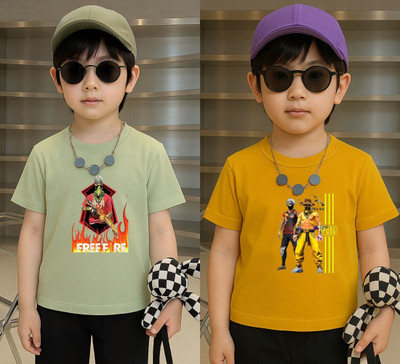 Lecowar Boys Printed Polyester Regular T Shirt(Green, Yellow, Pack of 2)