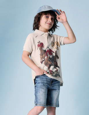 U.S. POLO ASSN. Boys Graphic Print Pure Cotton Regular T Shirt(Beige, Pack of 1)