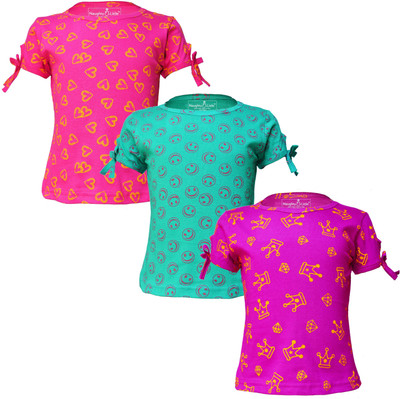 Just Live Fashionn Girls Printed Pure Cotton Regular T Shirt(Multicolor, Pack of 3)