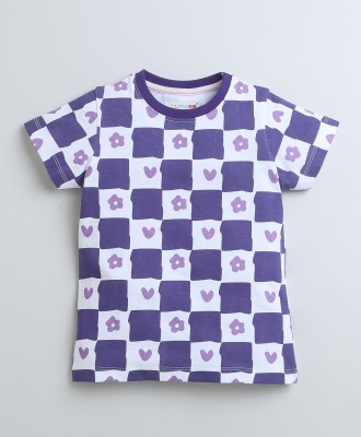 BUMZEE Girls Printed Pure Cotton T Shirt(Purple, Pack of 1)