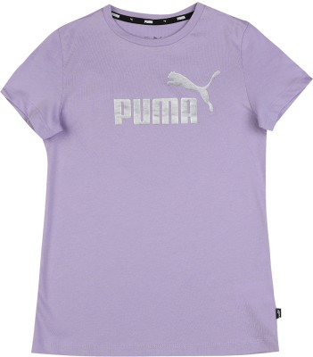 PUMA Girls Solid Pure Cotton Regular T Shirt(Purple, Pack of 1)