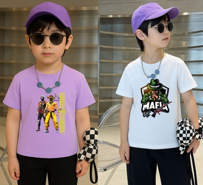 Lecowar Boys Graphic Print Polyester Regular T Shirt(Purple, White, Pack of 1)