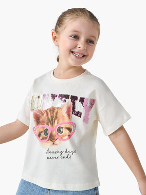 JUNIORS by Babyshop Baby Girls Printed Pure Cotton Regular T Shirt(Beige, Pack of 1)