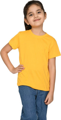 ORATEES Girls Solid Pure Cotton Regular T Shirt(Yellow, Pack of 1)