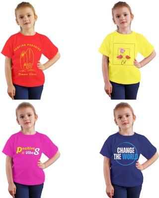 SHAKSI Girls Printed Pure Cotton T Shirt(Multicolor, Pack of 4)