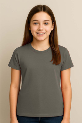 Belive in Yourself Girls Solid Polyester Regular T Shirt(Grey, Pack of 1)