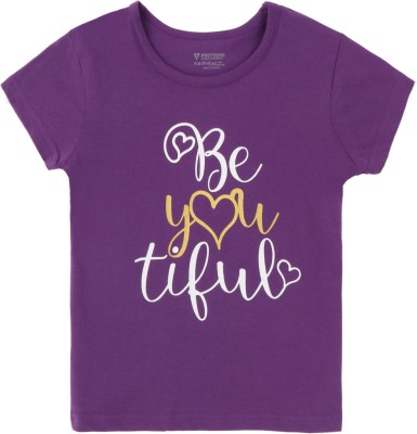 PROTEENS Girls Typography Pure Cotton T Shirt(Purple, Pack of 1)