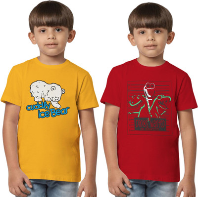 Texman Boys Printed Pure Cotton Regular T Shirt(Yellow, Red, Pack of 2)