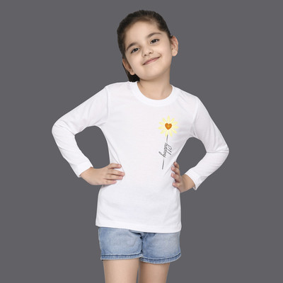 Nusyl Girls Printed Cotton Blend Regular T Shirt(White, Pack of 1)