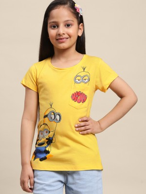 Minions By Kidsville Girls Graphic Print Pure Cotton Regular T Shirt(Yellow, Pack of 1)