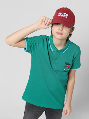 Jack & Jones Junior Boys Self Design Cotton Blend Slim T Shirt(Green, Pack of 1)