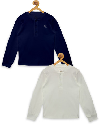Kiddo Paanti Boys Solid Pure Cotton Regular T Shirt(Dark Blue, Pack of 2)
