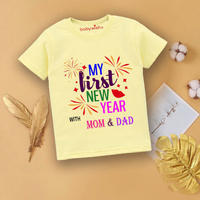 Babywish Boys & Girls Typography, Printed Cotton Blend Regular T Shirt(Yellow, Pack of 1)