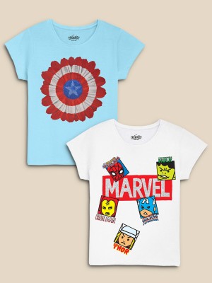 Marvel Comics By Kidsville Girls Graphic Print Pure Cotton T Shirt(Multicolor, Pack of 2)