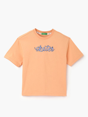 United Colors of Benetton Boys Printed Pure Cotton Regular T Shirt(Orange, Pack of 1)