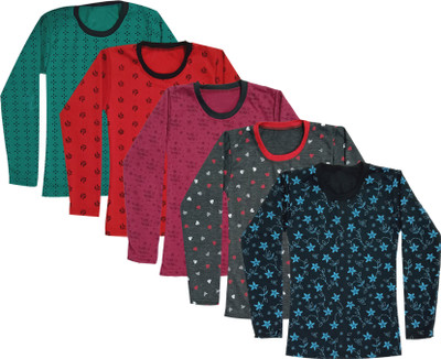 KAVYA Girls Printed Wool Blend Regular T Shirt(Multicolor, Pack of 5)