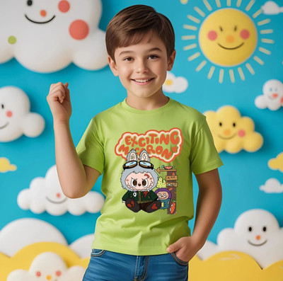 Kidloo Boys Labubu, Graphic Print Cotton Blend Regular T Shirt(Green, Pack of 1)