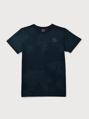 GINI & JONY Boys Printed Cotton Blend Regular T Shirt(Dark Blue, Pack of 1)