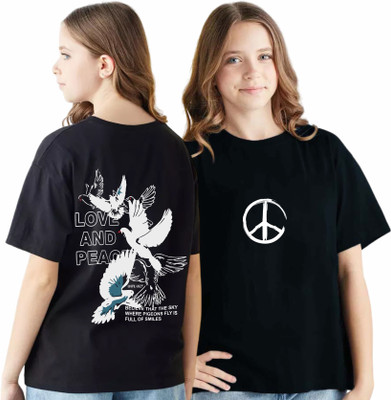 Uniplanet Store Girls Typography Cotton Blend Regular T Shirt(Black, Pack of 1)