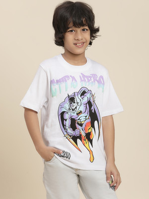 kidsville Boys Graphic Print Cotton Blend Oversized T Shirt(White, Pack of 1)