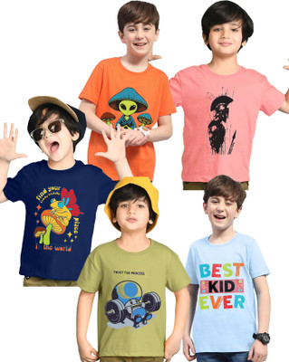 Kiddy Viddy Boys Printed Cotton Blend Regular T Shirt(Light Blue, Green, Pack of 5)