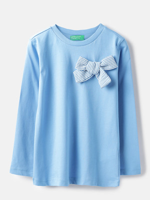 United Colors of Benetton Girls Solid Pure Cotton Regular T Shirt(Blue, Pack of 1)