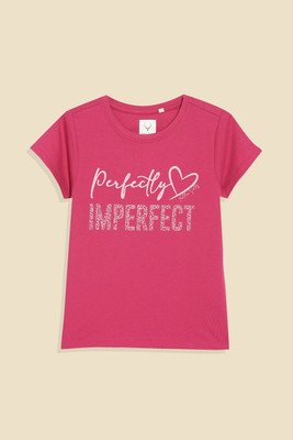 Allen Solly Girls Typography Pure Cotton Regular T Shirt(Pink, Pack of 1)