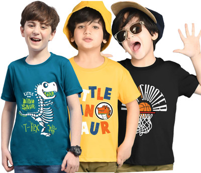 Kiddy Viddy Boys Printed Cotton Blend Regular T Shirt(Yellow, Black, Pack of 3)