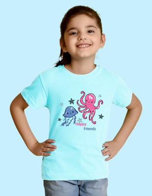 Nusyl Girls Graphic Print Cotton Blend Regular T Shirt(Blue, Pack of 1)
