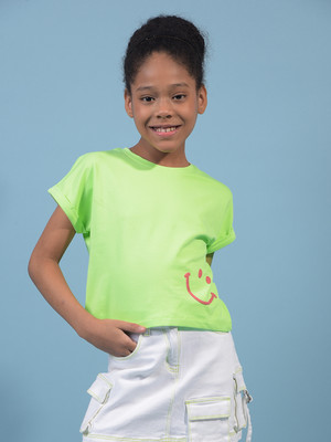 CRIMSOUNE CLUB Girls Printed Cotton Blend Regular T Shirt(Green, Pack of 1)