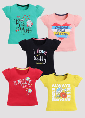 Mars Infiniti Girls Printed Pure Cotton Regular T Shirt(Multicolor, Pack of 5)