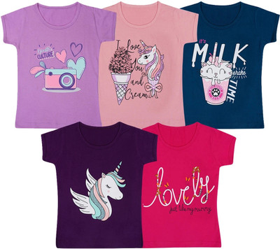 FAZZA Girls Graphic Print Pure Cotton Regular T Shirt(Multicolor, Pack of 5)