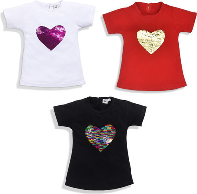 CERABI Baby Girls Self Design Pure Cotton Regular T Shirt(Multicolor, Pack of 3)