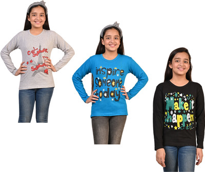 KAYU Girls Printed Pure Cotton Regular T Shirt(Multicolor, Pack of 3)