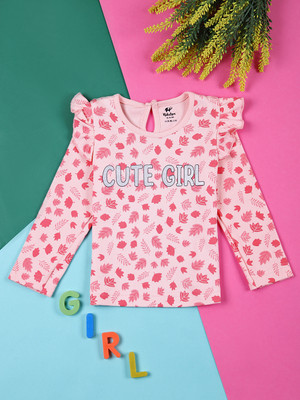 V-MART Baby Girls Printed Pure Cotton Regular T Shirt(Pink, Pack of 1)