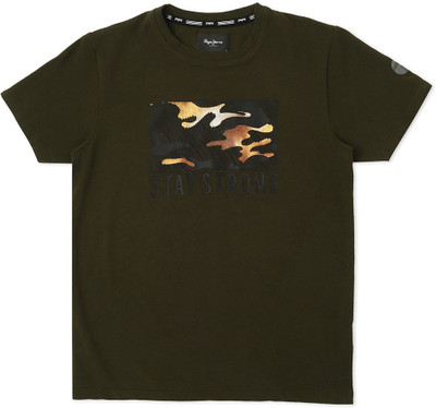 Pepe Jeans Boys Typography Cotton Blend Regular T Shirt(Green, Pack of 1)