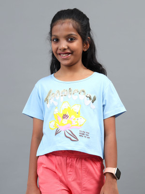 Under Fourteen Only Girls Solid Pure Cotton Regular T Shirt(Blue, Pack of 1)