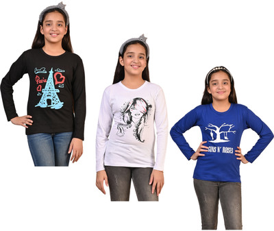 Indistar Girls Printed Pure Cotton Regular T Shirt(Multicolor, Pack of 3)