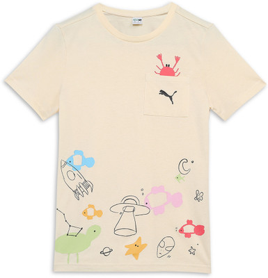 PUMA Boys & Girls Printed Cotton Blend Regular T Shirt(Yellow, Pack of 1)
